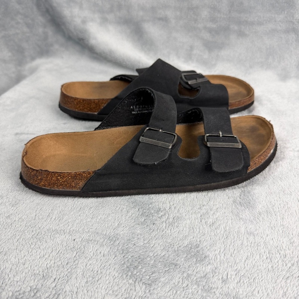 Aeropostale Mens 10-11 Black Sandals Slide Two-Strap Buckle Cork Footbed Boho